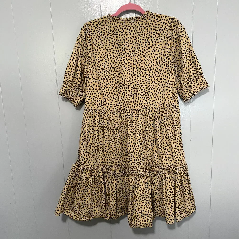 J. Crew Tan Leopard Dot Ruffle Neck Tiered Popover Relaxed Fit Preppy Dress M